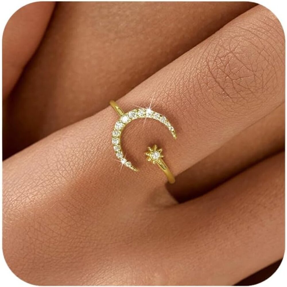 925 Sterling Silver Moon Star CZ Ring for Women - Adjustable Gold Plated Jewelry